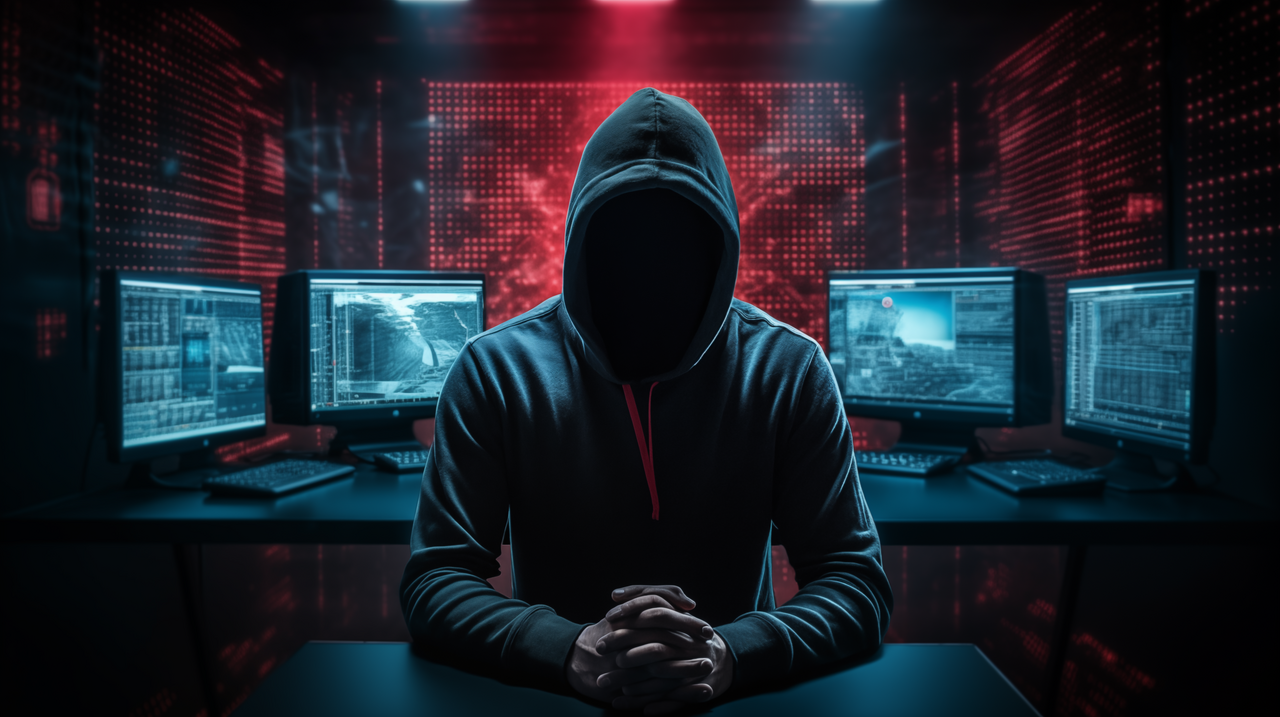 A hacker or cyber criminal hooded in a dark room with computer screens