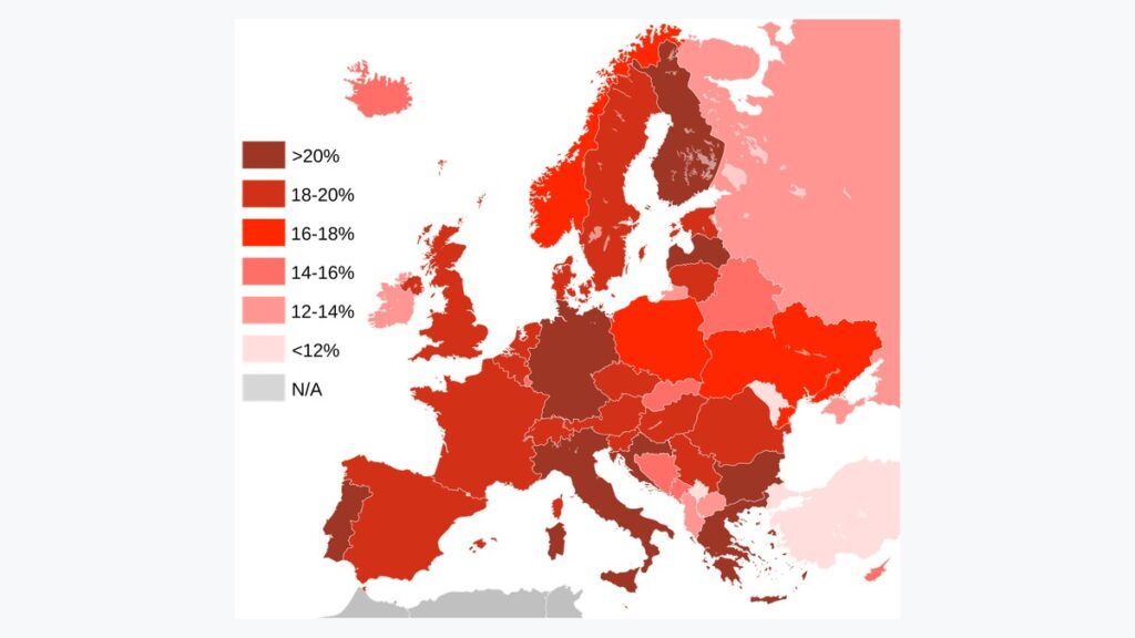 Karta Europe s udjelom stanovništva starijeg od 65 godina