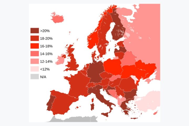 Karta Europe s udjelom stanovništva starijeg od 65 godina