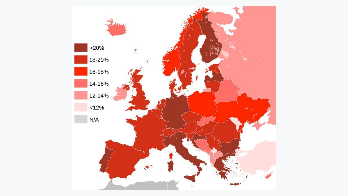 Karta Europe s udjelom stanovništva starijeg od 65 godina