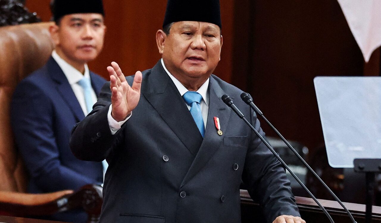 Indonezijski predsjednik Prabowo Subianto za govornicom.