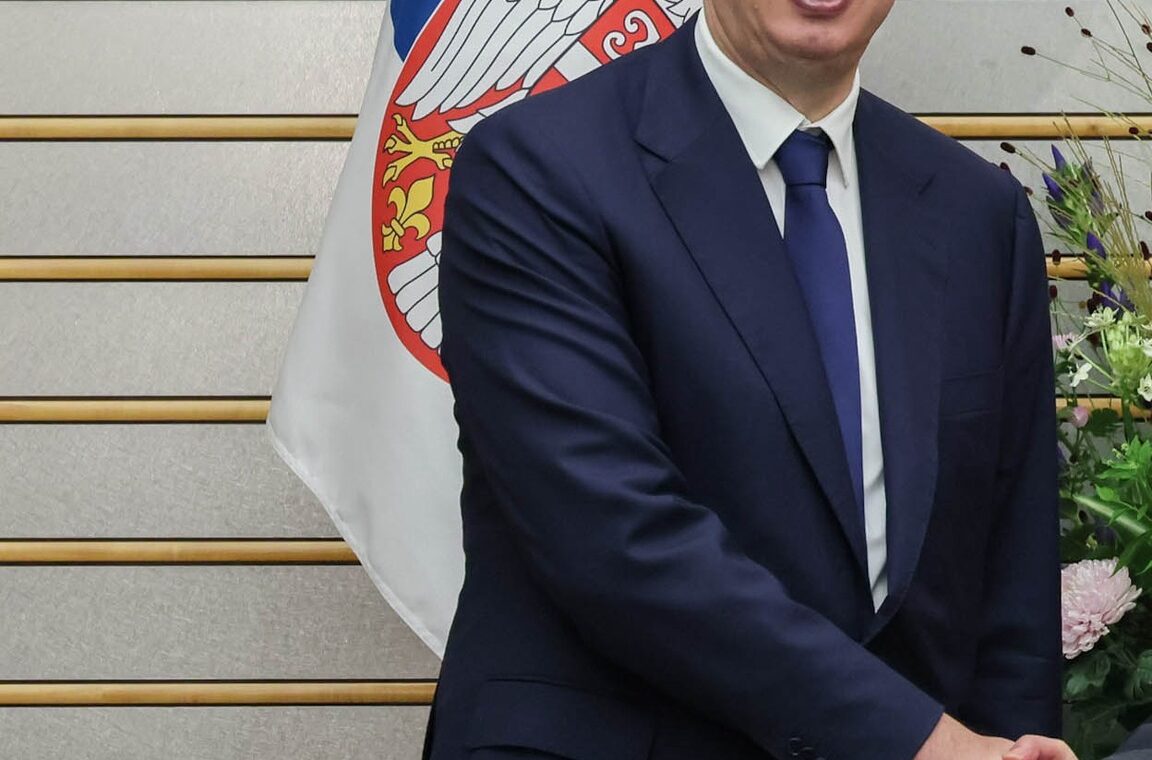 Aleksandar Vučić ispred zastave Srbije.