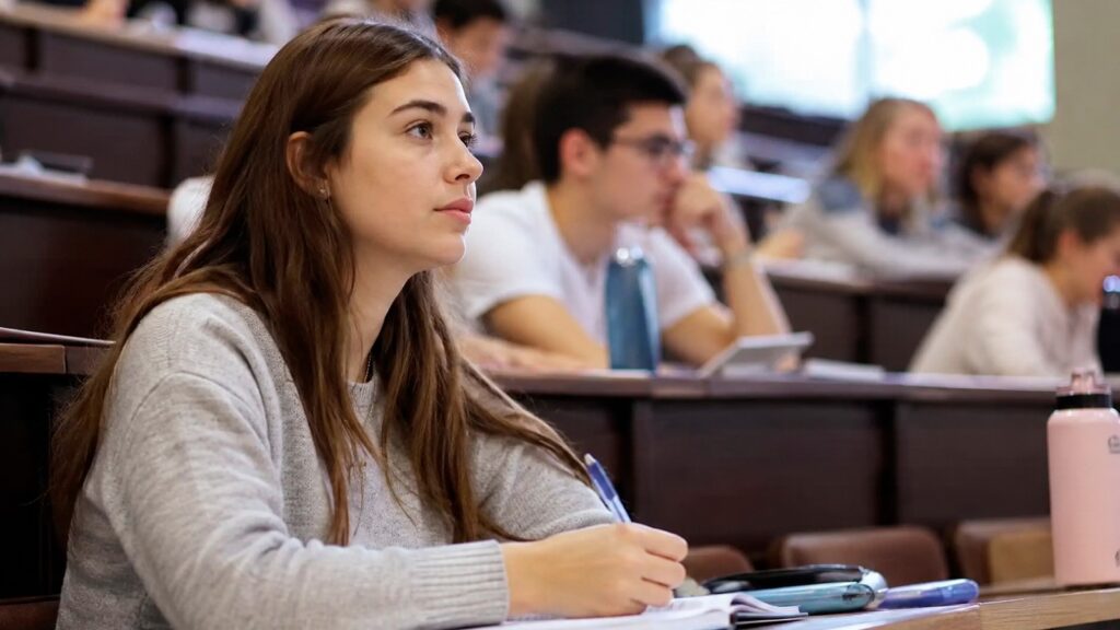 Studentica prati nastavu na fakultetu i zapisuje bilješke.