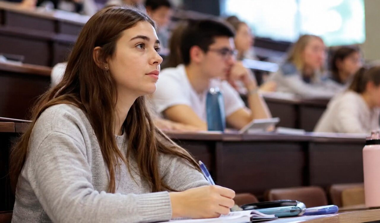 Studentica prati nastavu na fakultetu i zapisuje bilješke.