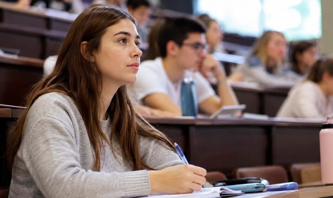 Studentica prati nastavu na fakultetu i zapisuje bilješke.