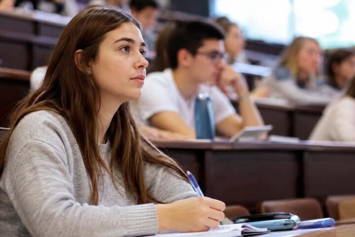 Studentica prati nastavu na fakultetu i zapisuje bilješke.