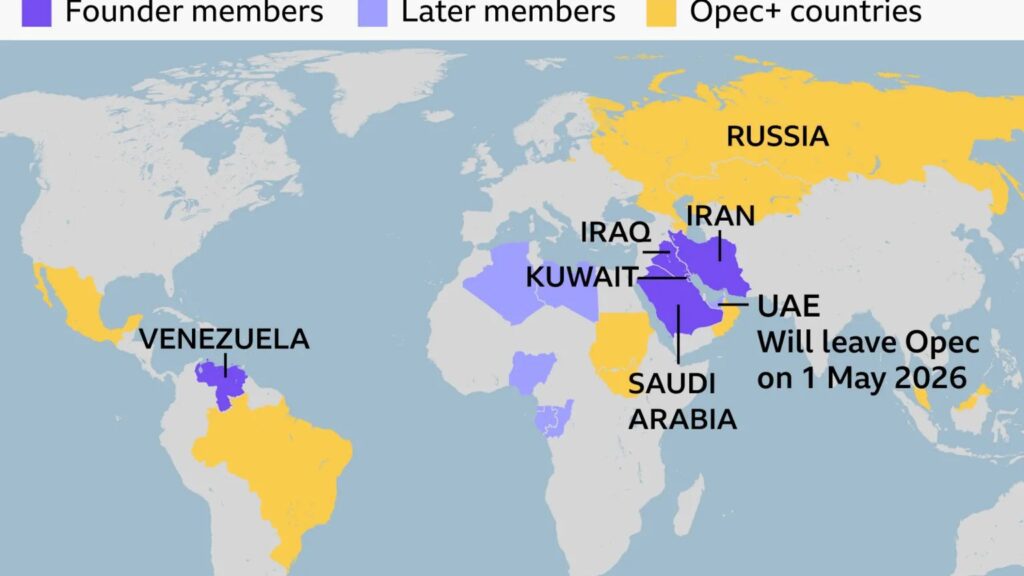 Karta članica Opeca i Opec+ zemalja s oznakom izlaska UAE-a