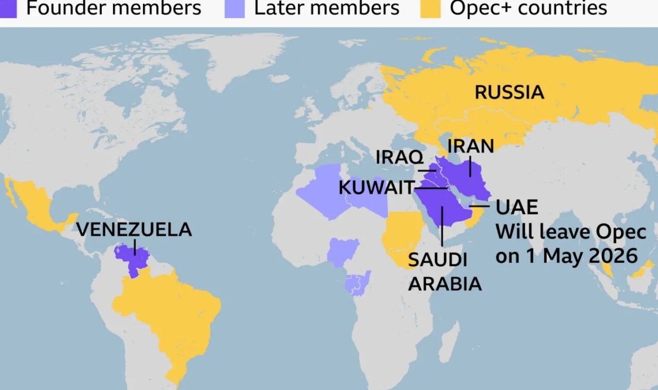Karta članica Opeca i Opec+ zemalja s oznakom izlaska UAE-a