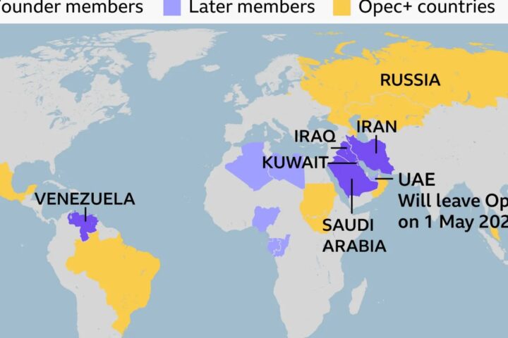 Karta članica Opeca i Opec+ zemalja s oznakom izlaska UAE-a