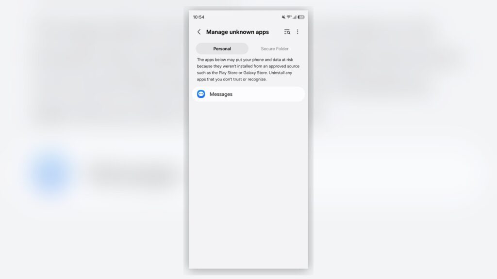 One UI 9 zaslon Manage unknown apps na Galaxy telefonu
