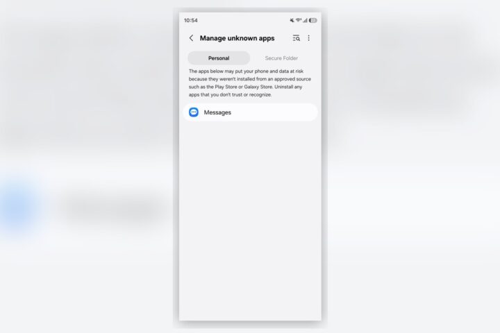One UI 9 zaslon Manage unknown apps na Galaxy telefonu