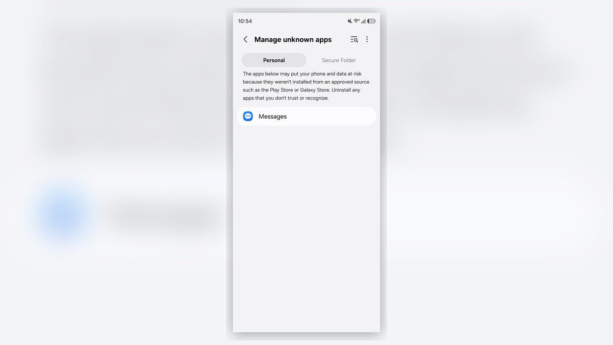 One UI 9 zaslon Manage unknown apps na Galaxy telefonu