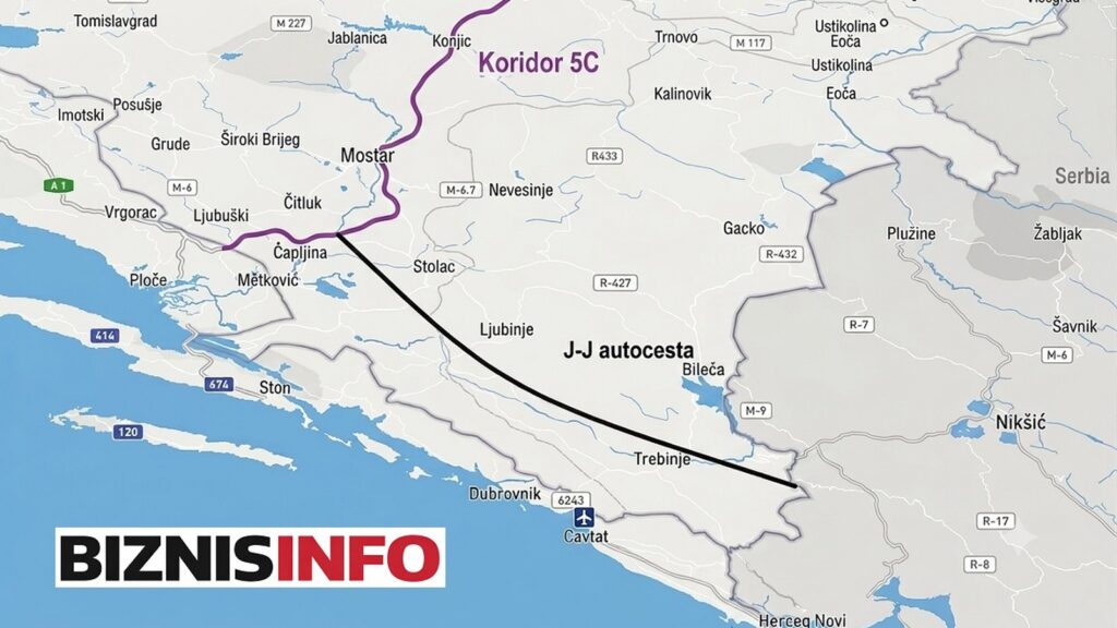Mapa planirane jadransko-jonske autoceste od Stoca prema Trebinju.