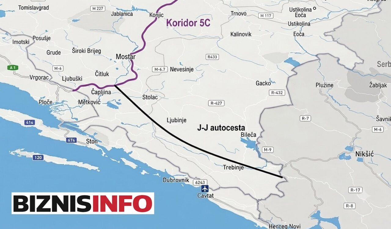 Mapa planirane jadransko-jonske autoceste od Stoca prema Trebinju.