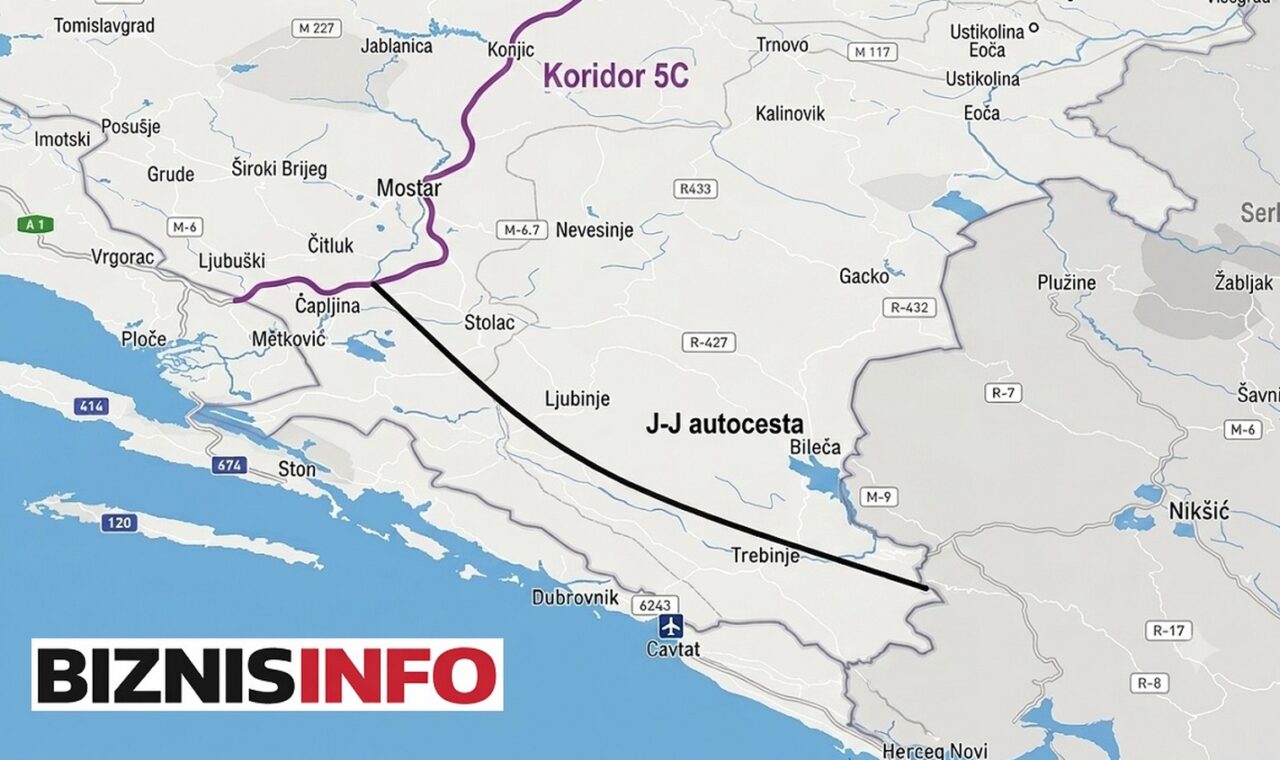 Mapa planirane jadransko-jonske autoceste od Stoca prema Trebinju.