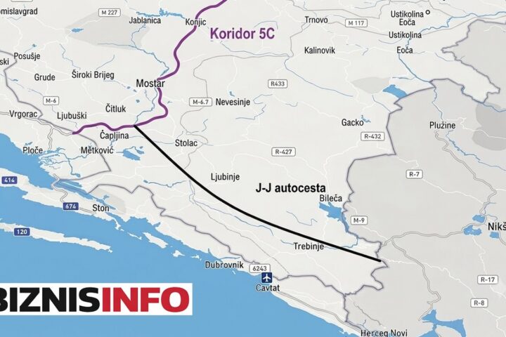 Mapa planirane jadransko-jonske autoceste od Stoca prema Trebinju.
