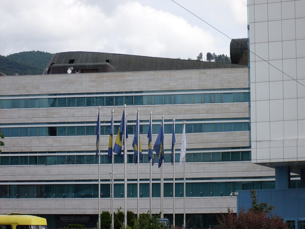 Flags of Bosnia and Herzegovina in front of parliament