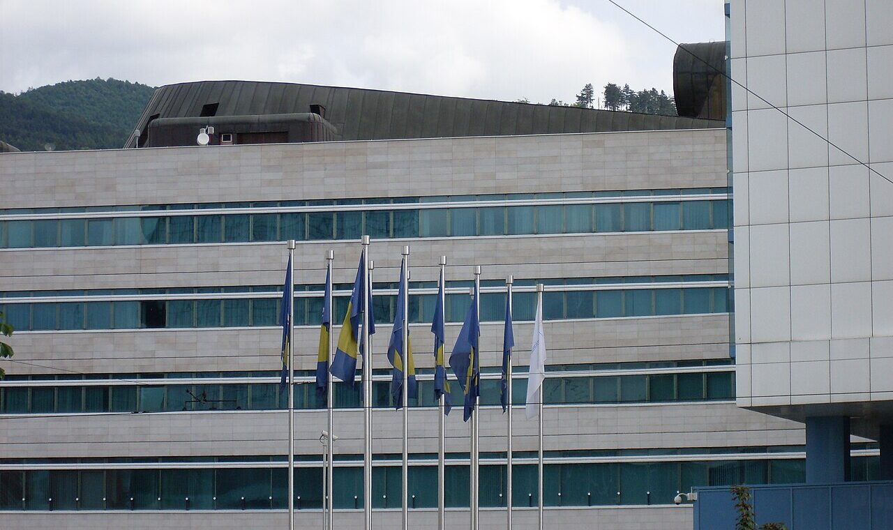 Flags of Bosnia and Herzegovina in front of parliament