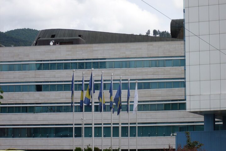 Flags of Bosnia and Herzegovina in front of parliament
