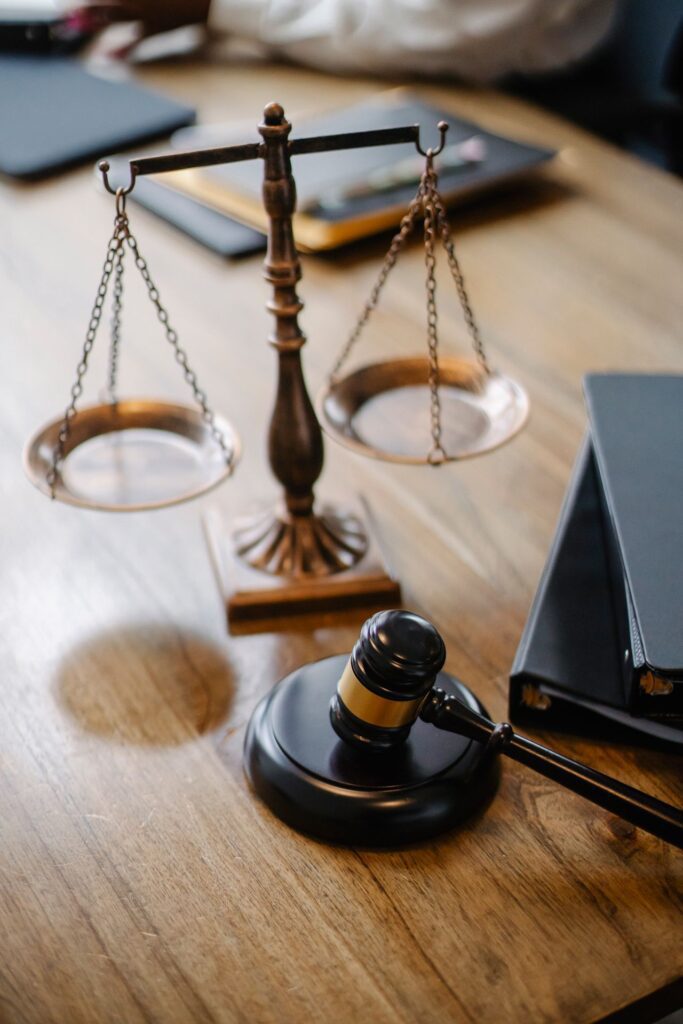 Court documents and gavel