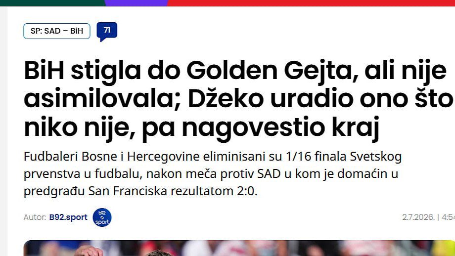Regionalni mediji: BiH ispala sa Svjetskog prvenstva nakon poraza od SAD-a