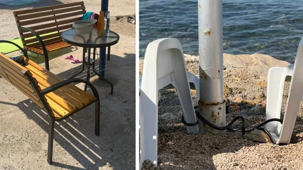 Na plaži u Turnju lančano vežu ležaljke, stolove i klupe pa drugi teško nalaze mjesto